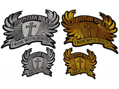 Set of 4 Small and Large, Gold and Silver Christian Biker Patches