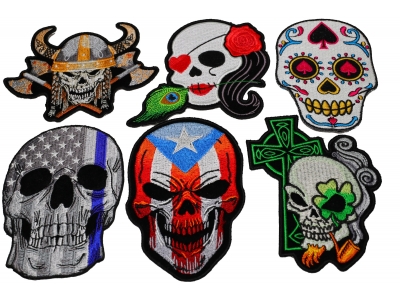Set of 6 Colorful Embroidered Iron on Skull Patches