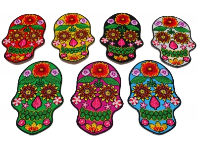 Set of 7 Embroidered Flower Skull Patches