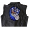 Blue Caped Knight with Sword Patch, Large Christian Back Patches shown on leather vest