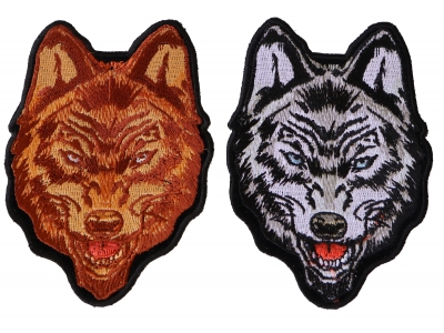 Brown and Gray Wolf Small Iron on Patch Set of 2