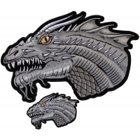 Gray Dragon with Yellow Eyes Small and Large Iron on Patch Set