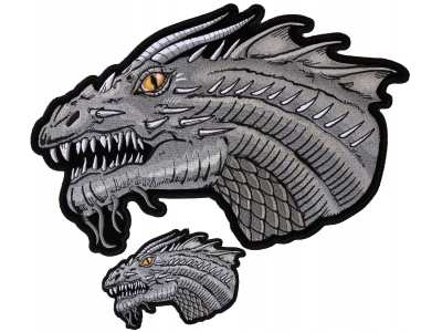 Gray Dragon with Yellow Eyes Small and Large Iron on Patch Set