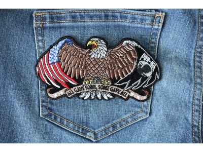 Patriotic eagle, wings spread out wide, American flag tattooed on the left, POW MIA flag on the right  