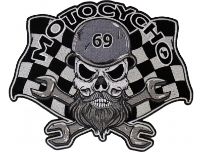 Motocycho- Bearded and helmeted skull sitting on crossed wrenches with a racing flag in the background,  Large Biker Back Patch