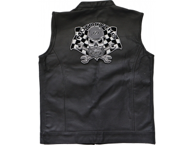 Motocycho- Bearded and helmeted skull sitting on crossed wrenches with a racing flag in the background,  Large Biker Back Patch
