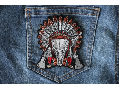 Buffalo Skull Indian Head Dress Axes Small Embroidered Iron or Sew on Applique