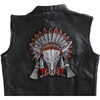Native American Buffalo Skull Indian Head Dress Cross Axes Large Back Patch Iron Sew on Buffalo skull wearing a head dress and feather hanging from it's horns, crossed axes at the bottom
