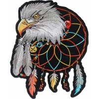 Eagle Back Patch with Feathers, Dream catcher with vibrant colored feathers hanging underneath it