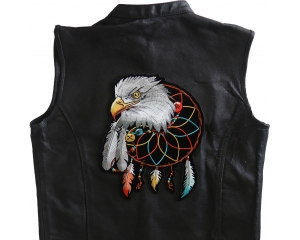 Eagle Back Patch with Feathers, Dream catcher with vibrant colored feathers hanging underneath it
