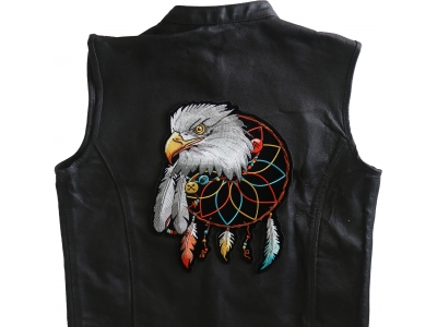 Eagle Back Patch with Feathers, Dream catcher with vibrant colored feathers hanging underneath it