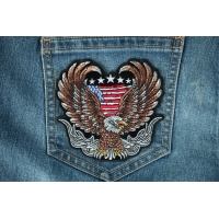 Patriotic Biker Eagle Embroidered Patch Up-winged biker eagle, with a portion of the American flag behind it