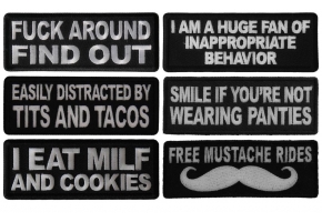 Naughty Iron on Patches with Embroidered Naughty Phrases