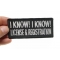 I Know I Know License and Registration Patch, Biker Saying Patches shown on hand for size comparison