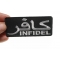 Infidel Patch White With Arabic Infidel Patch, Military Patches shown on hand for size comparison