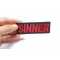 Sinner Patch | Embroidered Patches Sinner Patch shown on hand for size comparison