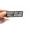 Whiskey Bent and Hell Bound Patch Whiskey Bent and Hell Bound Funny Iron on Patch shown on hand for size comparison