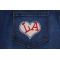I Love LA Heart Novelty Iron on Patch shown on jeans