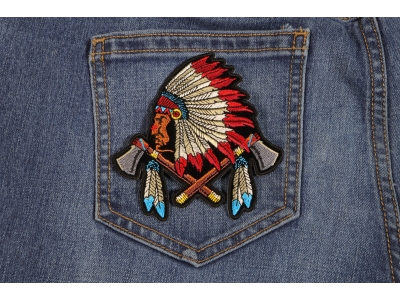 Small Indian Patch With Battle Axes And Feathers
