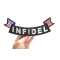 Infidel Large Lower Rocker Patch With Flags | US Military Veteran Patches Infidel Patch, US Flag Large Rocker Patch shown on hand for size comparison