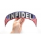 Infidel Patch, US Flag Large Rocker Patch shown on hand for size comparison