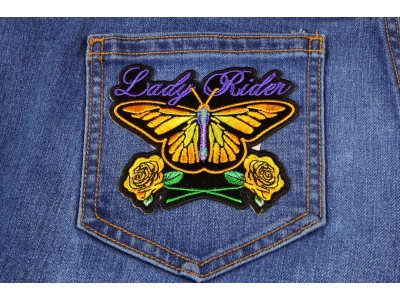 Lady Rider Butterfly With Yellow Roses Small Patch | Embroidered Biker Patches