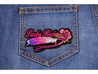 Lady Rider Pink Rose And Feathers Horizontal Small Patch | Embroidered Biker Patches