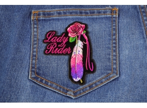 Lady Rider With Purple Rose And Feather Vertical Small Patch | Embroidered Biker Patches