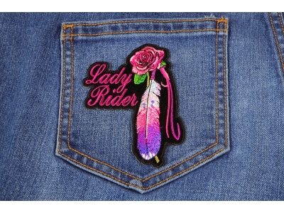 Lady Rider With Purple Rose And Feather Vertical Small Patch | Embroidered Biker Patches