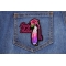 Lady Rider With Purple Rose and Feather Vertical Small Patch Lady Rider With Purple Rose and Feather Vertical Small Patch shown on jeans