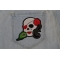 Lady Sugar Skull With Pink Rose And Feather Small Patch Heart Eye Lady Skull Patch shown on jeans