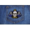 Libra Skull Zodiac Sign Patch shown on jeans