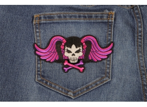 Pigtails Bow Skull And Wings Small Pink Patch | Embroidered Patches