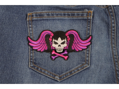 Pigtails Bow Skull And Wings Small Pink Patch | Embroidered Patches