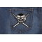 Small Skull Cross Swords Patch shown on jeans