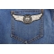 Winged Wheel Small Iron on Biker Patch shown on jeans