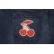Smiling and Frowning Cherries Iron on Patch shown on jeans
