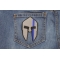 Spartan Helmet Blue Line Police Patch Spartan Helmet Patch with Blue Stripe shown on jeans