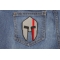 Spartan Helmet Red Line Firefighter Patch shown on jeans