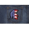 Spartan Helmet With US Flag Patriotic Iron on Patch shown on jeans