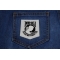 White POW MIA Iron on Patch shown on jeans