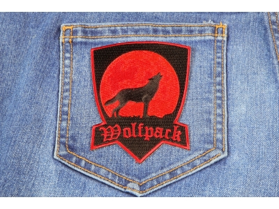 Wolfpack Patch In Red With Howling Moon | Embroidered Biker Patches