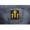 Black And Yellow Three Crosses Patch | Embroidered Patches Black and Yellow Three Crosses Christian Patch shown on jeans