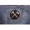 Crossed Firefighter Axes In Silver Patch | Embroidered Patches Crossed Firefighter Axes In Silver Patch shown on jeans