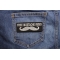 Free Mustache Rides Patch shown on jeans