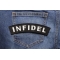 Infidel Medium Size Rocker Patch | US Military Veteran Patches Infidel Patch shown on jeans