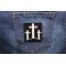 Three Crosses Christian Patch shown on jeans