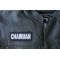 Chairman Patch - 4x1.5 inch - Embroidered Iron on Patch shown on leather vest