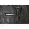 Manager Patch - 4x1.5 inch - Embroidered Iron on Patch shown on leather vest