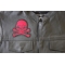 Red Skull and Cross Bones Patch - 4x4 inch. Embroidered Iron on Patch shown on leather vest
